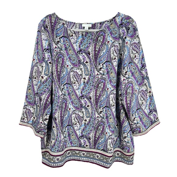 J Jill Adara Paisley Wrapped-Back Top Size XL Purple Blue 3/4 Sleeve Relaxed EUC - Picture 1 of 12